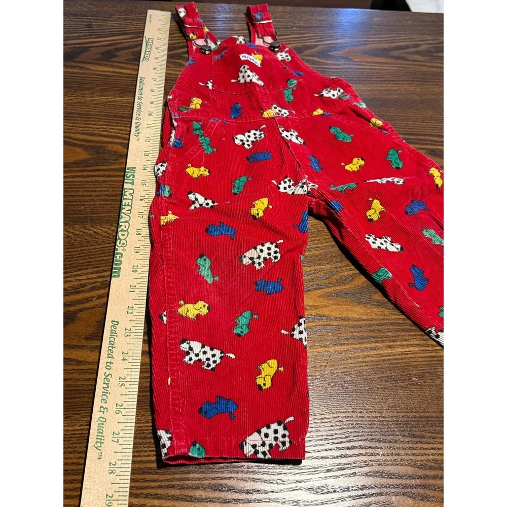 Vintage 90s Carters Red Corduroy Dog Print Overalls Kids 2T Dalmatian Bibs